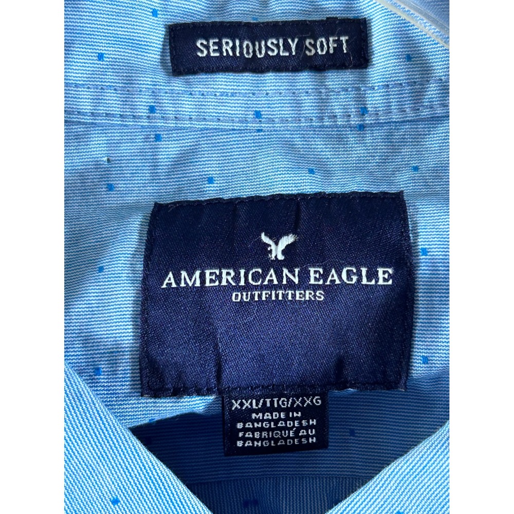 American Eagle Mens XXL Blue Seriously Soft Dot Button Down Shirt Long Sleeve - Picture 4 of 14
